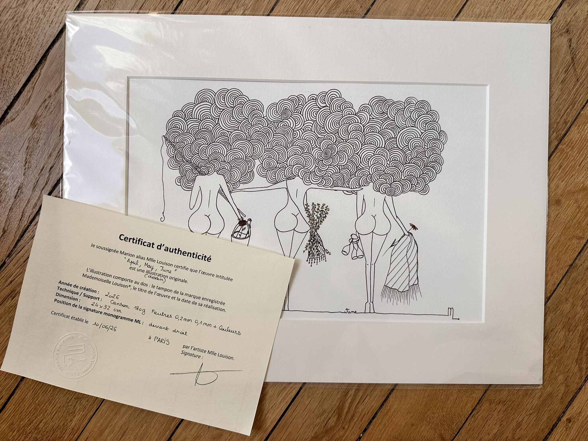 "April, May, June" c'est cette bande de copines qui passent les mois sans stress, dessin de la collection Libérée chez © Les P'tits Q libérés by Mademoiselle Louison® certificat d'authenticité